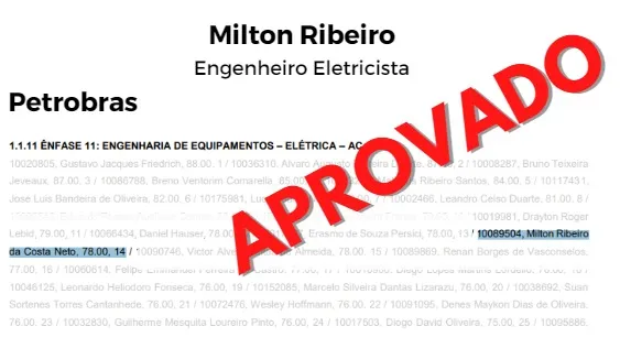 Resultado oficial da Petrobras com Milton Ribeiro, Engenheiro Eletricista, aprovado na lista.