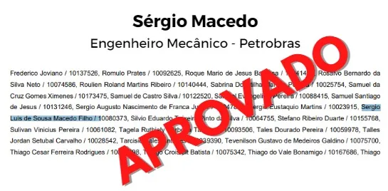 Resultado oficial da Petrobras com Sérgio Macedo, Engenheiro Mecânico, aprovado na lista.