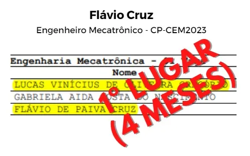 Resultado oficial do CP-CEM 2023 com Flávio Cruz, Engenheiro Mecatrônico, em 1º lugar na classificação.