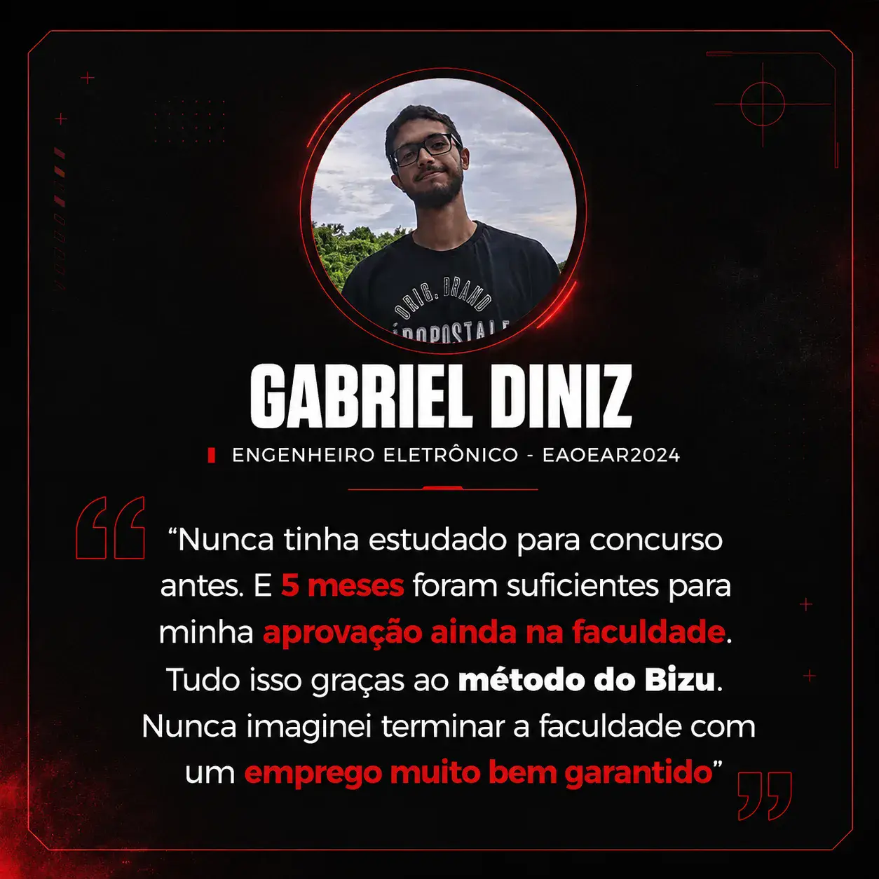Depoimento de aluno aprovado da Comunidade Engenheiro de Elite, com foto, nome e concurso.