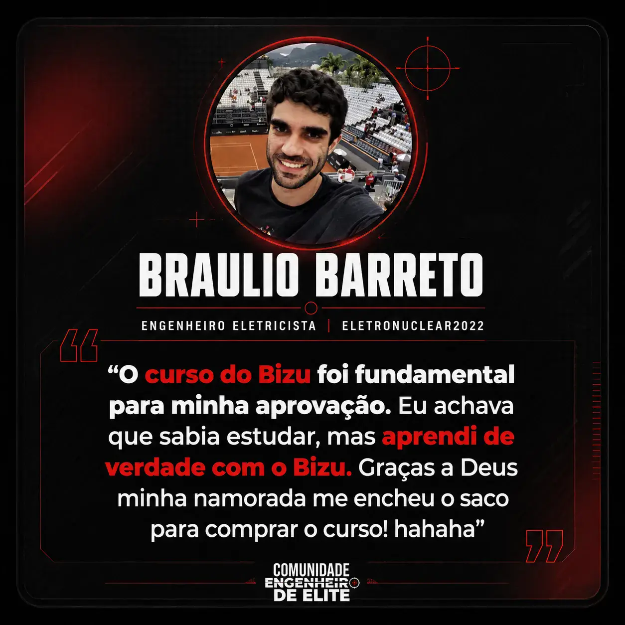 Depoimento de aluno aprovado da Comunidade Engenheiro de Elite, com foto, nome e concurso.