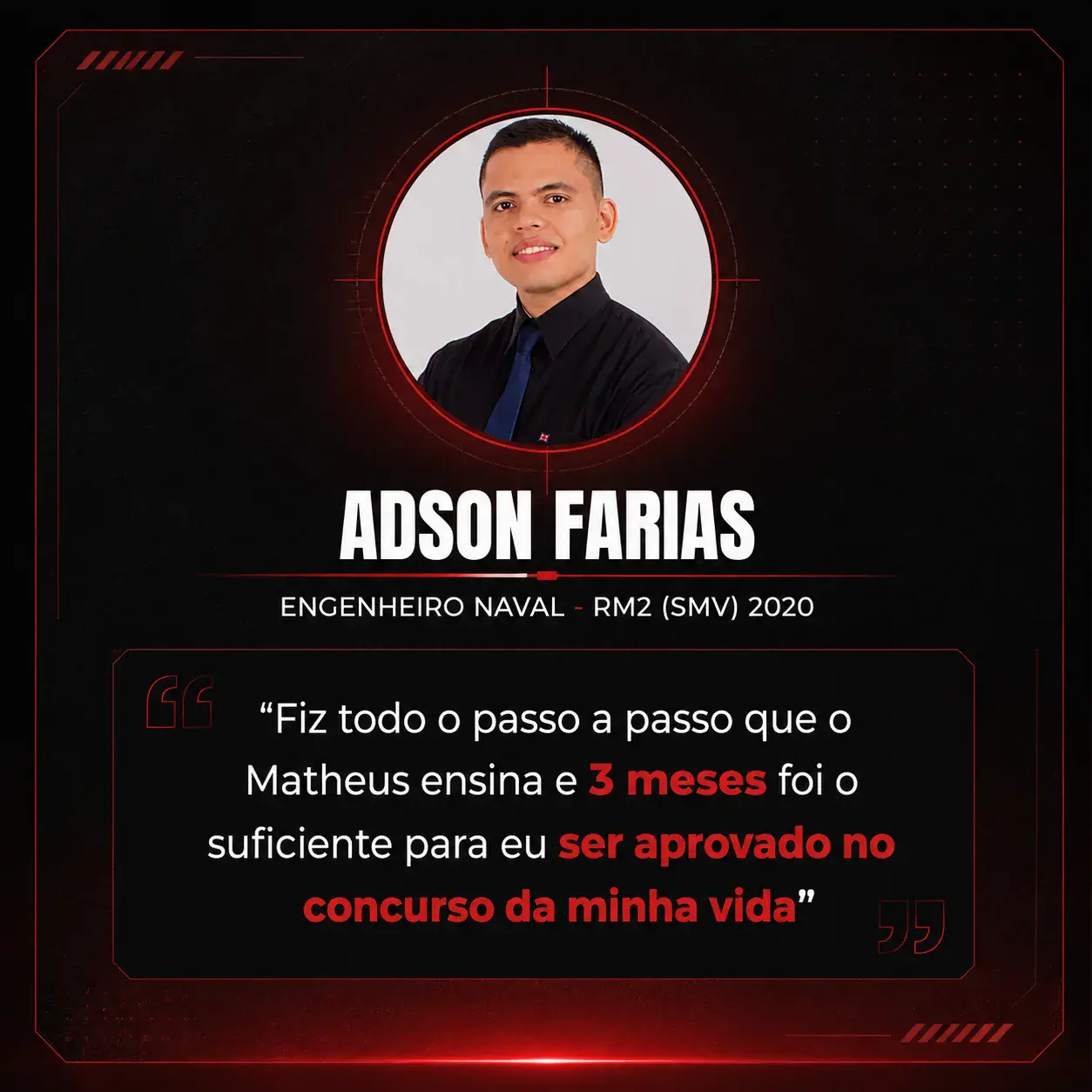 Depoimento de aluno aprovado da Comunidade Engenheiro de Elite, com foto, nome e concurso.
