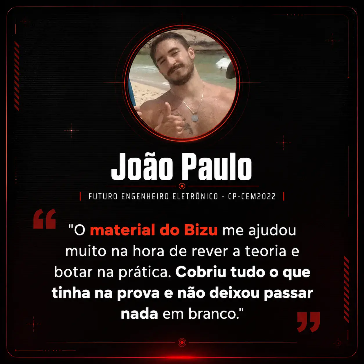 Depoimento de aluno aprovado da Comunidade Engenheiro de Elite, com foto, nome e concurso.