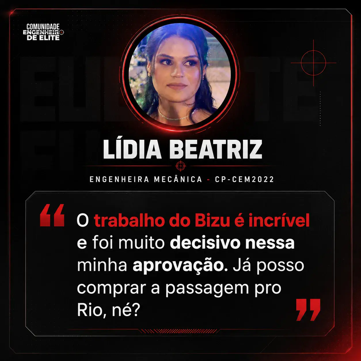 Depoimento de aluno aprovado da Comunidade Engenheiro de Elite, com foto, nome e concurso.