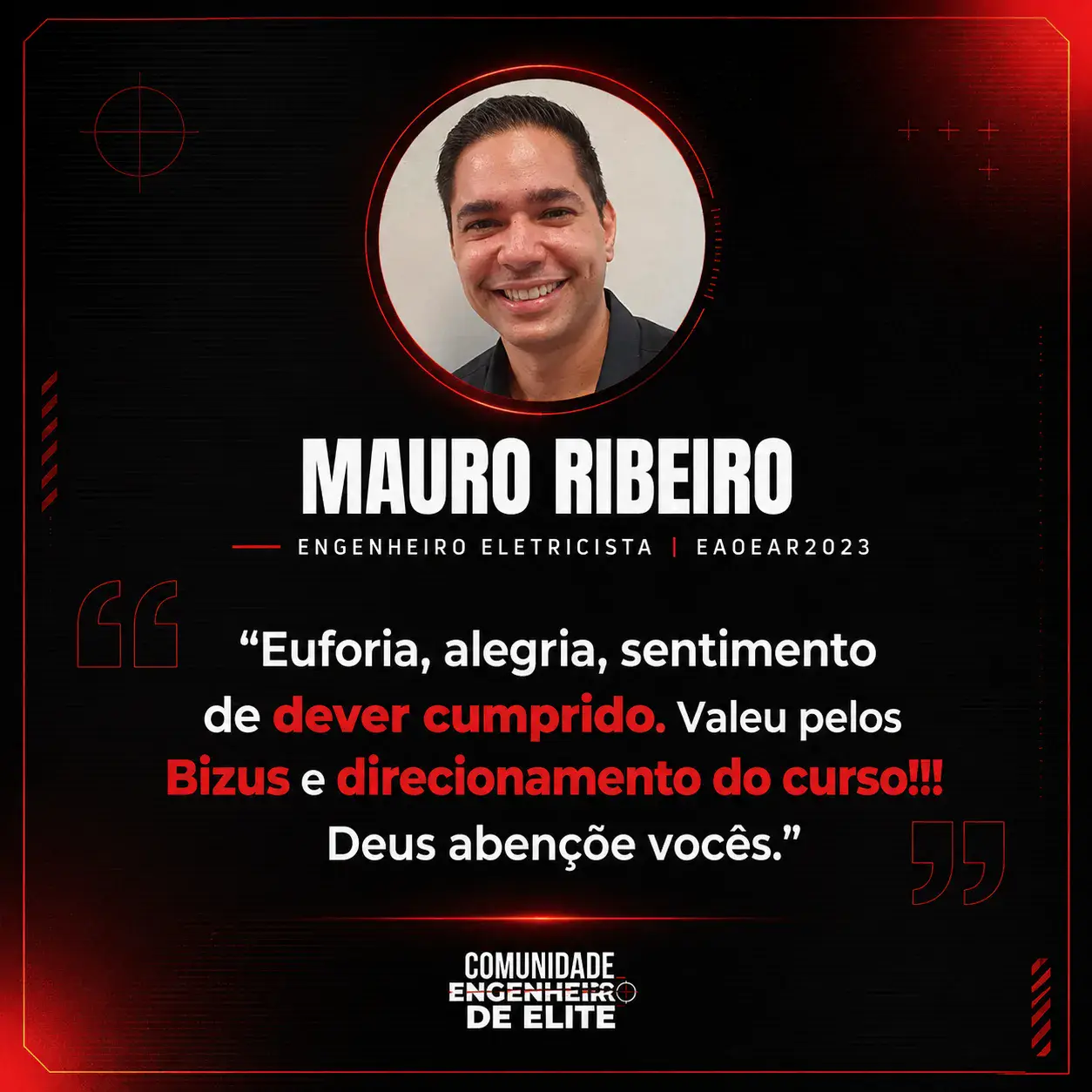 Depoimento de aluno aprovado da Comunidade Engenheiro de Elite, com foto, nome e concurso.